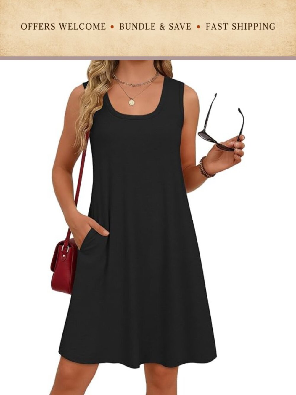 Womens Summer Beach Dress Sleeveless Tank Sundress Pockets Cotton Blend